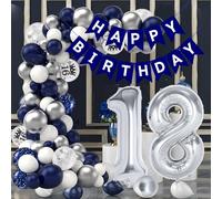 18th Birthday Decorations Blue Silver Balloons Arch Kit with Number 18 foil balloons Happy Birthday Banner Blue and Silver Party Decorations for 18 Years Old Boy Girl Men Women Anniversary