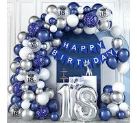 18th Birthday Decorations Blue Silver Balloons Arch Kit with Number Foil Confetti Balloon Happy Birthday Bunting Banner Navy Blue and Silver Party Decor for 18 Years Old Boy Girl Men Women Anniversary