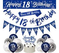 18th Birthday Decorations - Blue & Silver Banners, Triangle Flags, Cake Toppers & More for Him