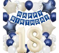 18th Birthday Decorations Blue White,Happy 18th Birthday Decorations with Navy Blue Silver Cream White Balloons Beige 18 Number Balloon Birthday Banner For Boys Girls Birthday Party Decor