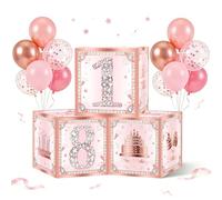 18th Birthday Decorations Boxes for Girls, 3PCS Happy 18th Birthday Balloons Boxes, Pink Rose Gold Theme Cardboard Box Supplies, Eighteen Bday Theme Cardboard Box Table Decorations, Cube Boxes Party