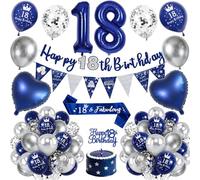 18th Birthday Decorations Boy,Royal Blue Silver 18 Birthday Balloons with Happy 18th Birthday Banner, Number 18 Foil Balloons, Birthday Sash, Cake Topper,18th Birthday Party Decorations Set for Him