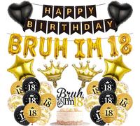 18th Birthday Decorations Boys Banners - 34 Pcs Black and Gold Happy Birthday Banner Bruh I'M 18 Star Heart Crown Foil Balloons Cake Topper Sequin Balloons for 18 Years Old Boy Party Decor Supplie
