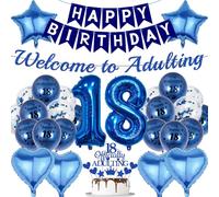 18th Birthday Decorations Boys Blue - 31 Pcs Happy 18th Birthday Decoration Including Welcome To Adulting Banner 18 Officially Adulting Cake Topper Confetti Balloons for 18 Years Old Party Supplies