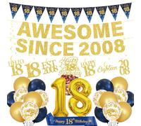 18th Birthday Decorations Boys Girls - 29 Pcs Blue Gold Banner Awesome Since 2008 Triangle Flag Hanging Swirls Cake Topper Sash Balloon Set for 18 Year Old Party Decor Supplies