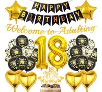 18th Birthday Decorations Boys Gold - 31 Pcs Happy Birthday Banners Welcome To Adulting Banner 18 Officially Adulting Cake Topper Black Confetti Latex Balloons for 18 Years Old Party Supplies