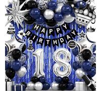 18th Birthday Decorations for Boys and Girls, Black Blue Silver Happy Birthday Number 18 Balloons, Banner, Fringe Curtains Garland Kit - 18 Year Old Party Supplies