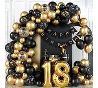 18th Birthday Decorations for Boys Black and Gold Balloons Arch Kit with Number Foil Confetti Balloon Happy Birthday Bunting Banner Black Gold Party Decor for 18 Years Old Girls Men Women Anniversary