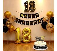 18th Birthday Decorations for Boys, Black Gold Balloons Party Decoration with LED Light Up Marquee Numbers Sign, 32inch Number 18 Balloons, Happy Birthday Banner, Cake Topper for 18th Party Decor