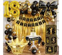 18th Birthday Decorations for Boys Girls, Black and Gold 18th Birthday Decorations Set with Banner, 18 Number Balloon, Crown Foil/Sash, Tinsel Foil Fringe Curtains, 18-Year-Old Party Supplies