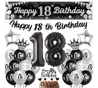 18th Birthday Decorations for Boys Girls - Black Silver Happy 18th Birthday Yard Banner, Star Heart Crown Number Foil Balloons Confetti Balloon Cake Topper for 18 Years Old Party Supplies
