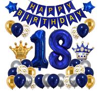 18th Birthday Decorations for Boys Girls,Blue 18th Birthday Party Decorations with Happy Birthday Banner,Number Balloons,Star Foil,Confetii and Latex Balloons