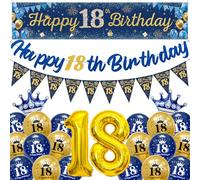 18th Birthday Decorations for Boys Girls - Happy 18th Birthday Banners Pennant Flags Garland, Crown Number 18 Foil Balloons and Large Yard Banner for 18 Years Old Party Supplies(Blue Gold)