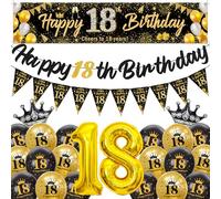 18th Birthday Decorations for Boys Girls - Happy 18th Birthday Banners Pennant Flags Garland, Crown Number 18 Foil Balloons and Large Yard Banner for 18 Years Old Party Supplies(Black Gold)