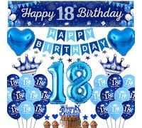 18th Birthday Decorations for Boys Girls - Navy Blue Party Decoration Supplies Star Garland, Happy 18th Birthday Yard Banners and Heart Crown Number 18 Foil Balloons Cake Toppers