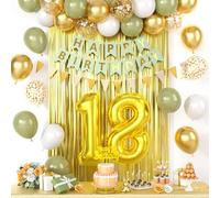 18th Birthday Decorations For Boys Girls, Sage Green Happy Birthday Party Decoration With Number 18 Balloons Gold Confetti Balloons Fringe Curtain Banner Cake Topper For 18th Party Supplies