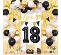 18th Birthday Decorations for Boys, Sand White Black Gold 18th Birthday Balloons with 18th Birthday Banner Fringe Curtain Cake Topper Star Foil Balloon Number 18 Balloon for Boys 18 Year Old Bday