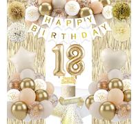 18th Birthday Decorations for Girls, Boho Sand White Gold Balloons, 18th Party Decorations, Happy Birthday Banner, Golden Fringe Curtain Tablecloth Sash Paper Pom Poms for Girls Party Supplies
