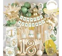18th Birthday Decorations for Girls, Green Gold 18th Birthday Balloon with Banner, Foil Curtains, Crown, Sash,Party Boxes, Number 18 Balloon, 18 Year Old Girls Party Supplies Decoration Set