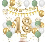 18th Birthday Decorations for Girls - Happy 18th Birthday Banner Decorations Including Sage Green and Gold Balloons Banner Triangle Flags Cake Topper Number 18 Helium Balloon Gifts for Boys Girls