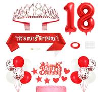 18th Birthday Decorations for Girls, Princess Crown Queen Tiara, It's My 18th Birthday Sash, 18 Year old Cake Topper, Number Balloons Set for Party Supplies, Red