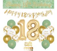 18th Birthday Decorations for Girls, Sage Green 18th Birthday Decorations, 16 Pack Sage Green Happy Banner with Balloons by RichMoho