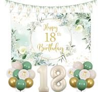 18th Birthday Decorations for Girls Sage Green and White, 18th Happy Birthday Bunting Triangle Flag Banner, Green Gold 18th Birthday Backdrop Banner Cream 18 Foil Balloon for Her 18 Year Old Birthday