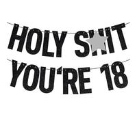 18th Birthday Decorations for Him Her, Black Glitter Holy Shit You're 18 Banner, Time to Adult/Happy 18th Birthdays/Cheers to 18 Years, Funny 18ths Birthday Party Decorations Supplies Boys Girls
