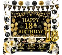 18th Birthday Decorations for Men Women, Black Gold Party Backdrop Happy 18th Birthday Decoration Set with Banner Number Foil Balloon Tablecloth Cake Topper, 18 Year Old Party Supplies Decor