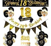 18th Birthday Decorations for Women & Men - Black and Gold Party Supplies with Happy Birthday Banner, 32 Inch Gold Number Balloons, Confetti Balloons, Sash, Cake Topper & Wall Banner