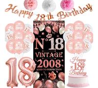 18th Birthday Decorations Girl Banners - 26 Pcs Black Rose Gold Happy 18th Birthday Banner Vintage 2008 Aged to Perfection Number Foil Balloons Cake Topper Paper Flowers for Girls Party Wall Decor