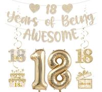 18th Birthday Decorations Girls Kit - 8 Pcs White Gold 18 Years Of Being Awesome Sparkling Pre-strung Banner Hanging Swirls Streamers 18th Balloons for Happy 18 Year old Birthday Decoration Supplies