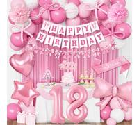 18th Birthday Decorations Girls, Pink Bow Party Decorations Set, Happy Birthday Banner Bunting, Bow Pink White Balloons, Number 18 Heart Star Foilballoon, Foil Curtain, Sash, Bow Party Deco 18th Girls