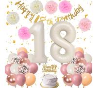 18th Birthday Decorations Girls White Number 18 Balloon Happy 18th Birthday Banner Cake Topper 10in Rose Gold Pink Sand White Nude Balloons Confetti 12in Pink Beige Paper Pom Poms Ribbon Straw (18th)