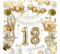 18th Birthday Decorations, Gold 18th Birthday Decorations for Men Women Gold White Balloons HAPPY BIRTHDAY Banner Number 18 Balloons Crown Star Heart Balloons Cake Topper