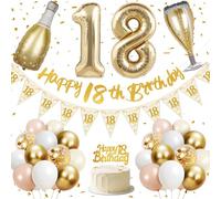 18th Birthday Decorations, Happy 18th Birthday Banner, 40 inches 18 Foil Balloons, Champagne Golden Bottle and Glass, Gold, Pink, White and Confetti Balloons, 18th Party Decorations for Girls