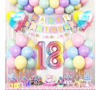 18th Birthday Decorations Rainbow,Gradient Number 18 Balloon,Pastel Happy Birthday Banner Fringe Curtain Heart Foil Balloons Boys Girls 18 Year Old Decor