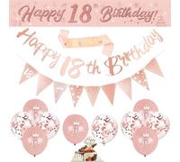 18th Birthday Decorations Rose Gold, 14 Pieces 18th Birthday Party Supplies Include Banner Bunting Birthday Straps Triangle Flags Confetti Latex Balloons