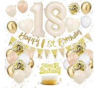 18th Birthday Decorations Sand White Gold,18th Birthday Decorations for Girls,18th Birthday Balloons with Happy 18th Birthday Banner Cake Toppers Number 18 Balloons for Girls Birthday Decorations