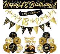 18th Birthday Decorations Set, 18Pcs Black and Gold Birthday Party Supplies with Happy 18th Birthday Banner, Triangle Flags, Sash, Black Gold Balloons Kit for Boys and Girls 18th Birthday Party