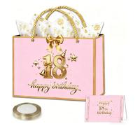 18th Birthday Gift Bag for Grils, 28 * 20 * 10cm Luxury Pink Birthday Party Gift Bag Medium with 18th Tissue Paper Sheets Card and Ribbon for Ladies Her Female 18 th Birthdays Present Decorations