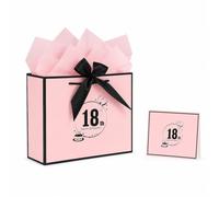 18th Birthday Gift Bag, Pink Black 18 Design, 28 x 20 x 10 cm with Card | 18th birthday gift bag for girls; paper, not fabric. Holds small gifts only - check 28 x 20 x 10 cm before buying