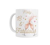 18th Birthday Gift for Her - Personalised 18th Birthday Mug, 18 & Fabulous Design with Champagne Glasses and Hearts, White Ceramic