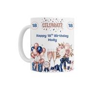 18th Birthday Gift for Her - Personalised Age 18 Birthday Celebration Ceramic Mug with Pink & Blue Champagne & Roses Design
