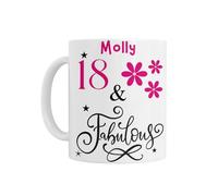 18th Birthday Gift for Her - Personalised Ceramic Mug with Pink Floral Fabulous Birthday Age 18 Design for 18th 21st 30th 40th 50th 60th 70th 80th