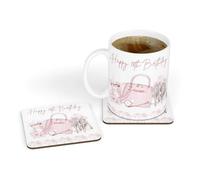 18th Birthday Gift for Her - Personalised Pink Shoes & Handbag Design Birthday White Ceramic Tea|Coffee Mug & Coaster Gift Set for 21st 30th 40th 50th 60th 65th 70th 80th