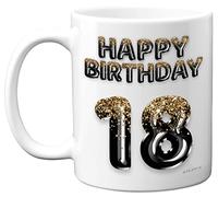 18th Birthday Gift for Men - Black Gold Glitter Balloons - Happy Birthday Mug Present for 18 Year Old Son Brother Grandson Cousin Friend, 11oz Ceramic Dishwasher Safe Coffee Mugs Cup
