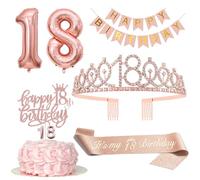 18th Birthday Girl Decoration, 18th Birthday Crown and Sash, Happy Birthday Banner, Cake Decoration and Candles, Rose Gold Foil Balloon 18, Birthday Gift for 18 Year Old Girl