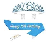 18th Birthday Girl Sash and Tiara,Blue 18th Birthday Crown and Sash for Her,Girls 18thBirthday Decorations Party Accessories,Birthday Crown Costume Set for Girls 18th.Birthday Gifts