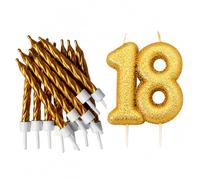 18th Birthday Gold Candle Kit, Glitter Number 18 Candle with 12 Metallic Spiral Cake Candles and Holders, Birthday Cake Decorations, Pack of 13